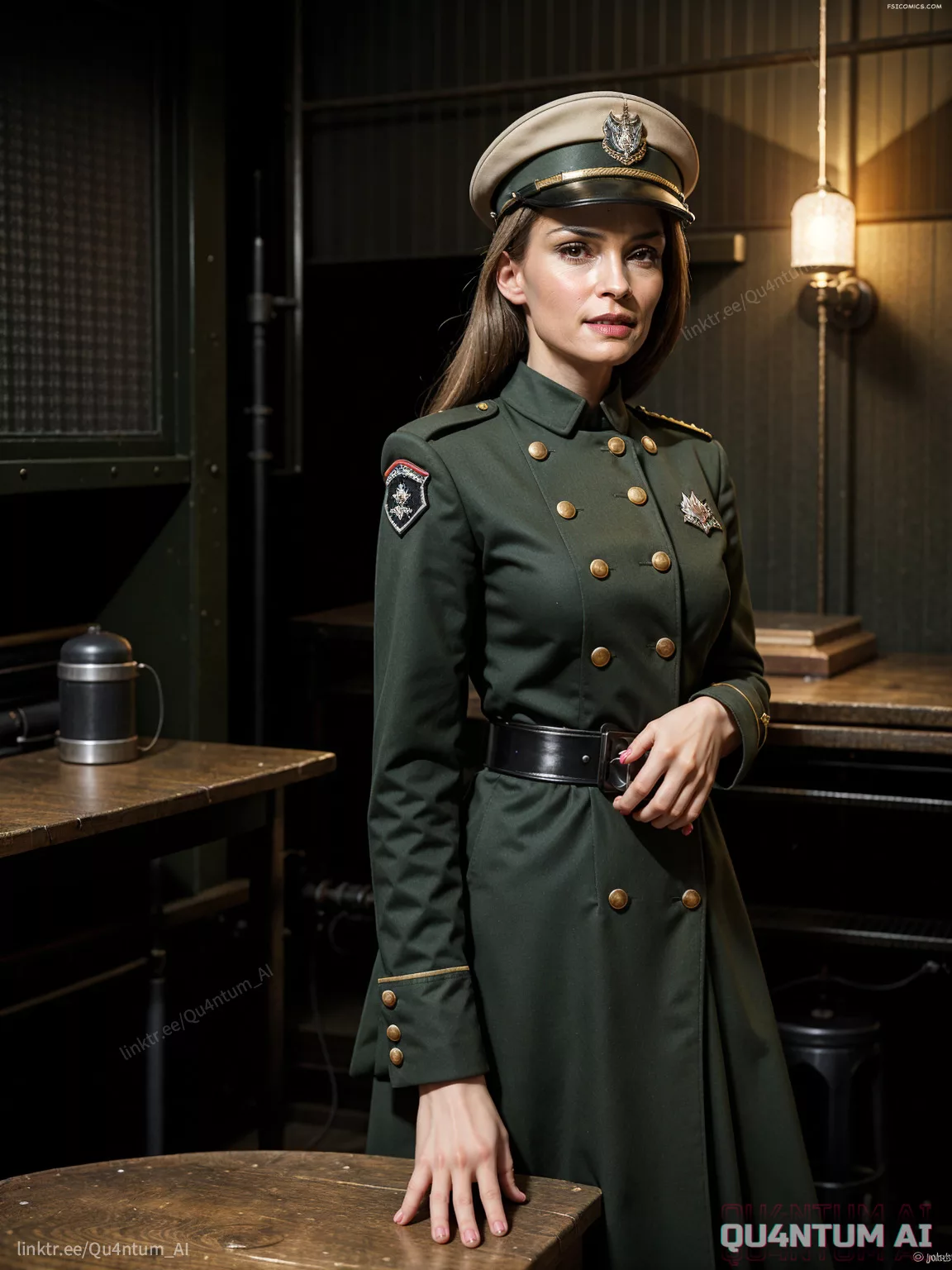 Famke Jannsen WWII Officer Lady Uniform BDSM Vintage Latex Leather Military QuantumAI FSIComics.com 19 - FSIComics